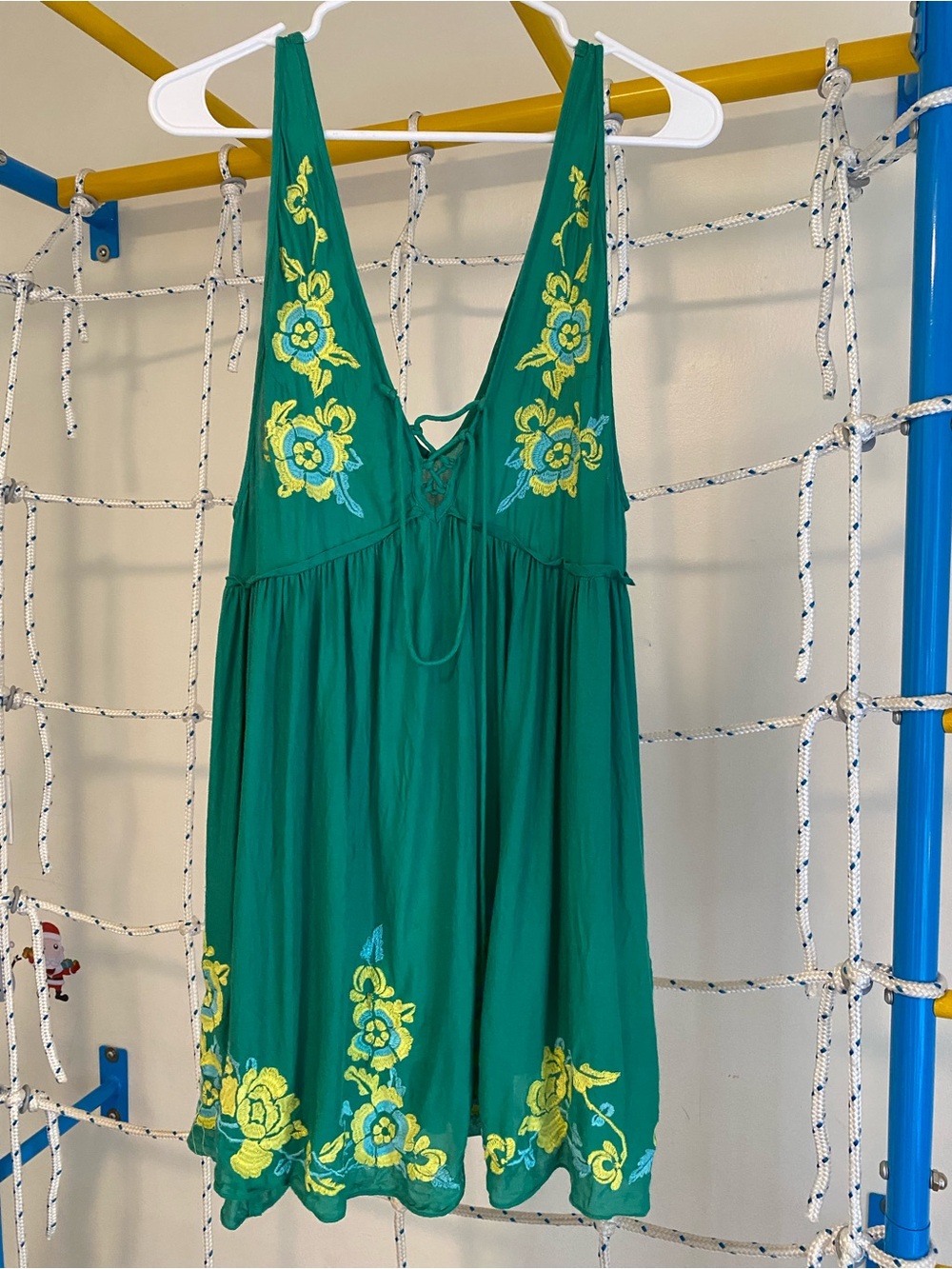 Intimately Free People Green Embroidered Slip Dress Tunic Floral Boho Sz. S.P.